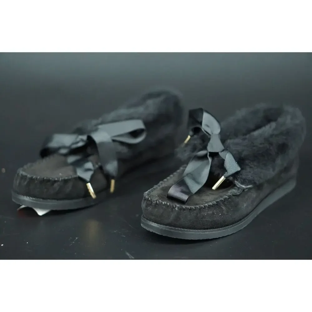 Tory Burch Aberdeen Genuine Rabbit Fur Trim Slipper Bootie SZ 5.5 NIB Black Bow